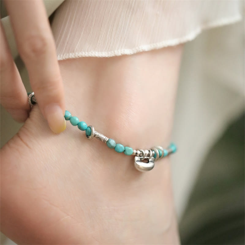 KarmaRipple's 925 Sterling Silver Turquoise Small Beadwork Chinese Lock Talisman Strength Anklet p1