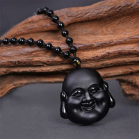 KarmaRipple's Authentic Black Obsidian Laughing Buddha Purification Pendant Necklace