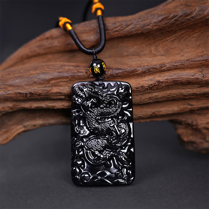 KarmaRipple's Authentic Black Obsidian Rectangular Dragon Engraved Success Pendant Necklace p3
