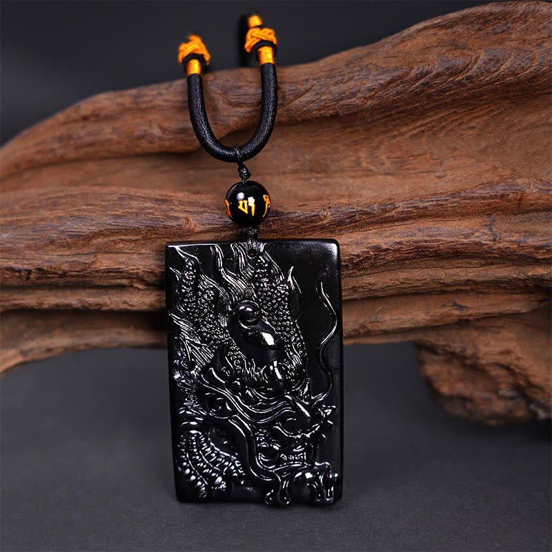 KarmaRipple's Authentic Black Obsidian Rectangular Dragon Engraved Success Pendant Necklace p11