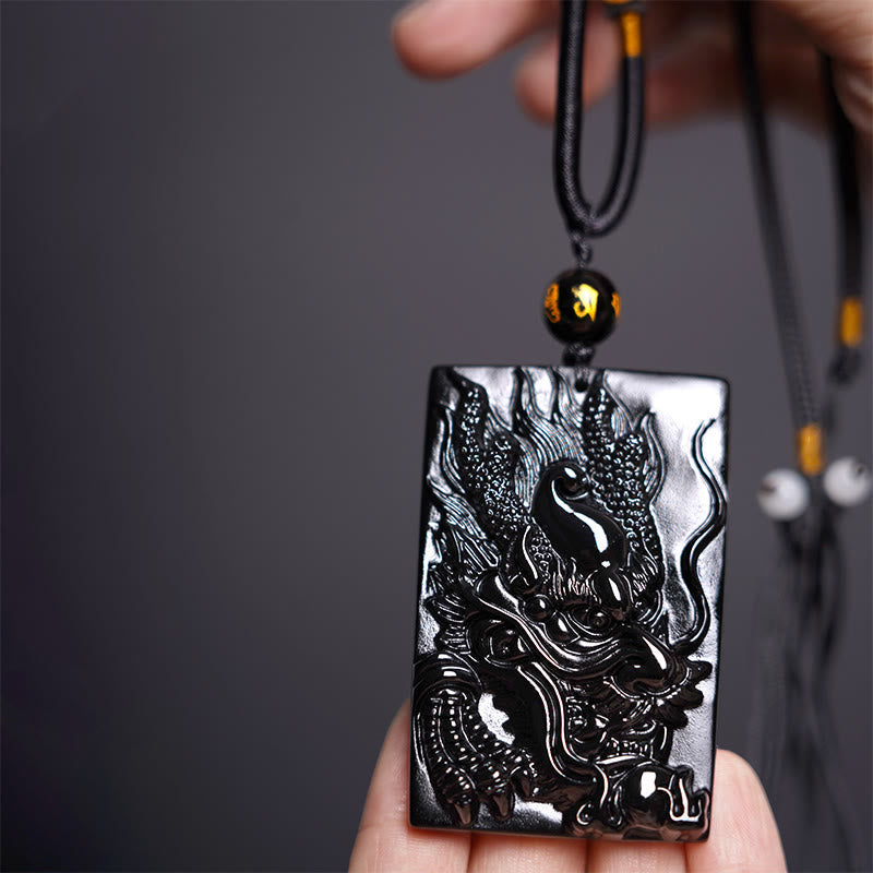 KarmaRipple's Authentic Black Obsidian Rectangular Dragon Engraved Success Pendant Necklace p2
