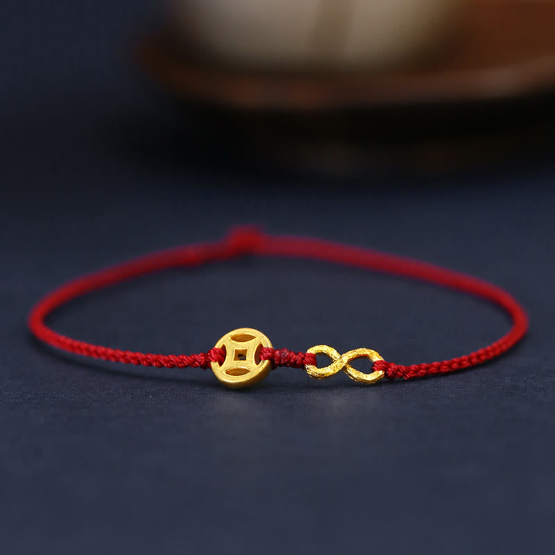 KarmaRipple's 999 Gold Mobius Infinite Love Fu Character Bronze Coin Protection Handmade Ultra-Thin Rope Bracelet p61