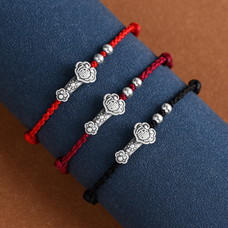 KarmaRipple's Handmade 999 Sterling Silver Fu Character Wish Ruyi Handle Fortune Rope Bracelet Anklet p29