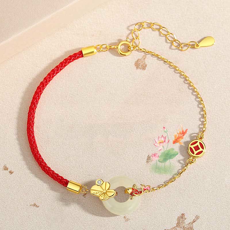 KarmaRipple's Handmade 925 Sterling Silver Hetian Jade Chinese Goldfish Peace Buckle?Red Rope Bracelet p2