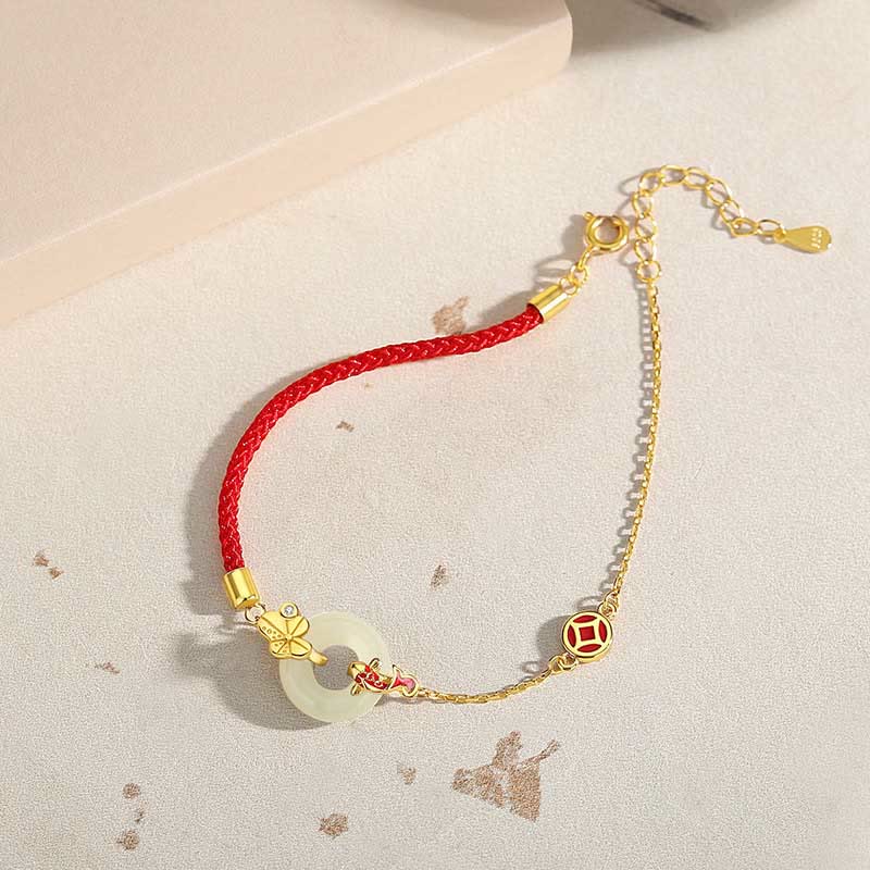 KarmaRipple's Handmade 925 Sterling Silver Hetian Jade Chinese Goldfish Peace Buckle?Red Rope Bracelet p12