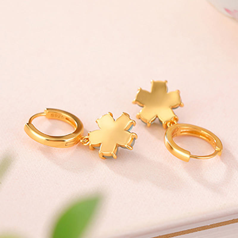 KarmaRipple's 925 Sterling Silver Plated Gold Green Jade Flower Design Fortune Prosperity Earrings p4