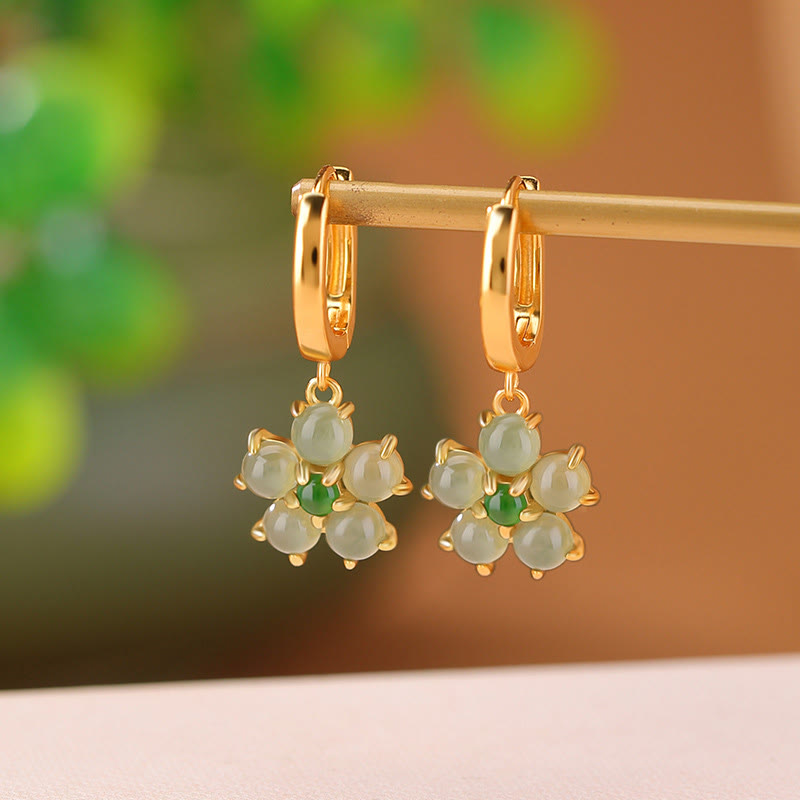 KarmaRipple's 925 Sterling Silver Plated Gold Green Jade Flower Design Fortune Prosperity Earrings p13