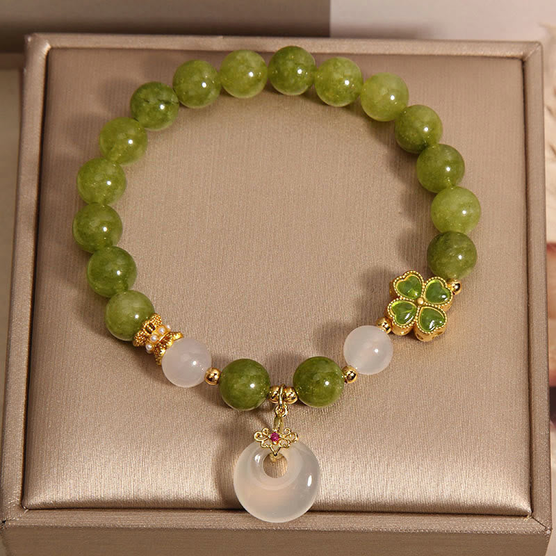 KarmaRipple's Green Tourmaline Chalcedony Four Leaf Clover Peace Buckle Talisman Wisdom Bracelet p2