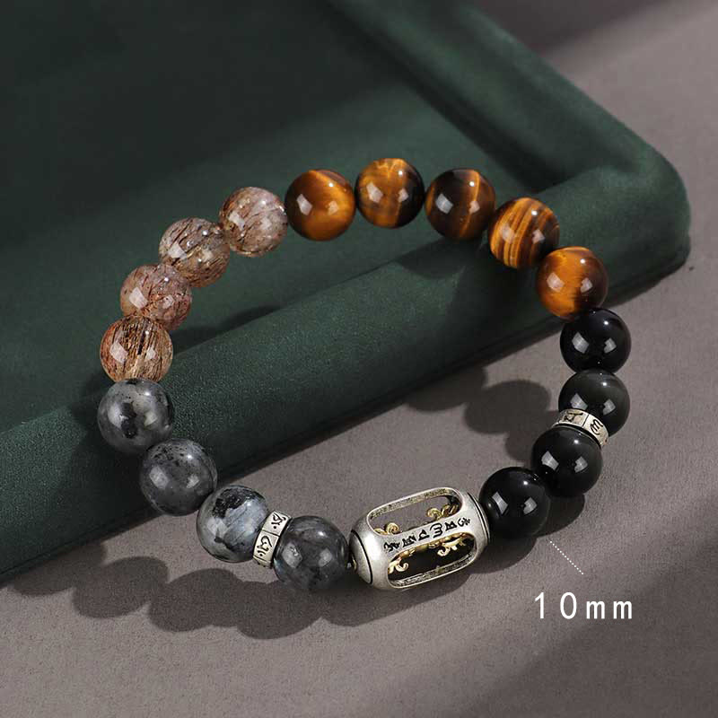 KarmaRipple's 925 Sterling Silver Black Onyx Gold Sheen Obsidian Lava Rock Tiger Eye Six True Words Wealth Protection Bracelet p16