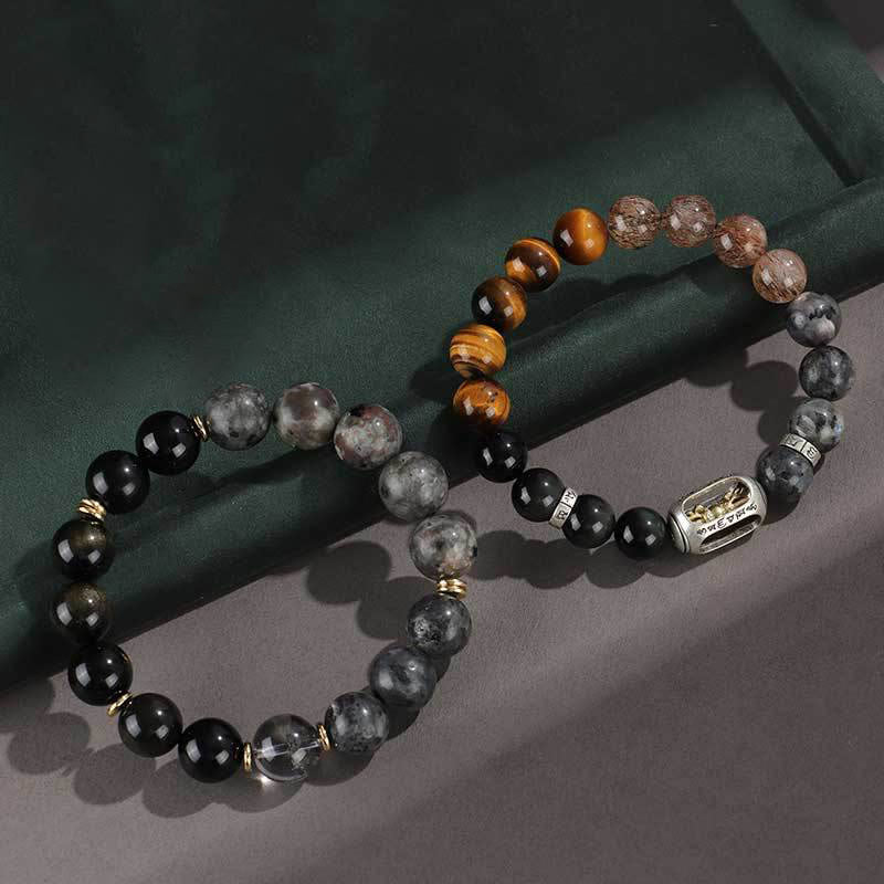 KarmaRipple's 925 Sterling Silver Black Onyx Gold Sheen Obsidian Lava Rock Tiger Eye Six True Words Wealth Protection Bracelet p8