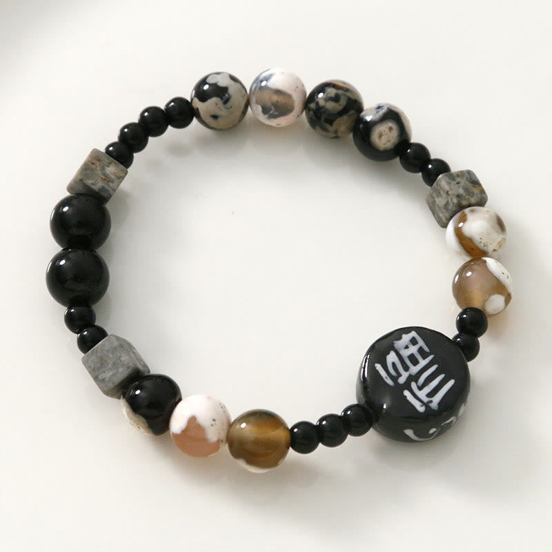 KarmaRipple's Black Onyx Ceramics Agate Black Glitter Stone Fortune Fu Character Bracelet p4