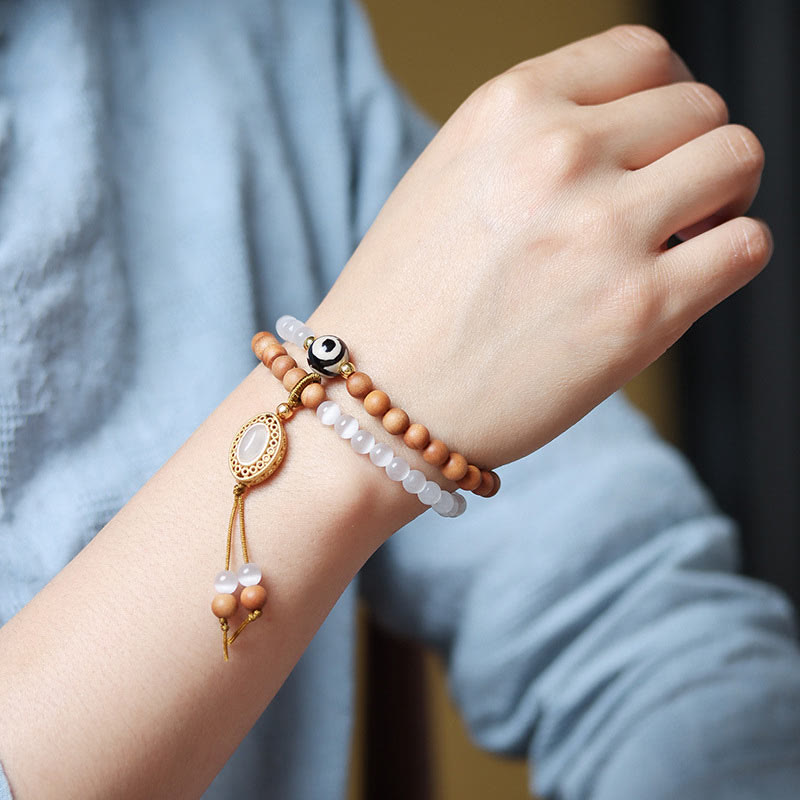 KarmaRipple's Sandalwood Cat's Eye Three-eyed Dzi Bead Gemstone Protectioin Bracelet p11