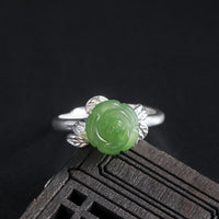 KarmaRipple's 925 Sterling Silver Jade Green Rose Fortune Adjustable Ring