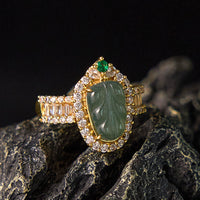 KarmaRipple's Bronze Plated Gold Authentic Jade Leaf Full Diamond Fortune Adjustable Ring