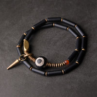 KarmaRipple's Black Onyx Bronze Dzi Bead Cone Necklace Double Wrap Protection Bracelet