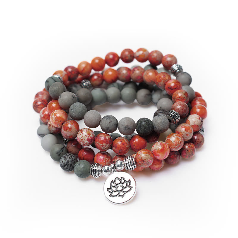 KarmaRipple's 108 Mala Beadwork Authentic Stone Sea Sediment Jasper Lotus Protection Bracelet p9