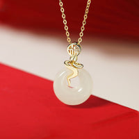 KarmaRipple's 925 Sterling Silver Hetian Jade Year Of The Snake Peace Buckle Fu Character Blessing Pendant Necklace