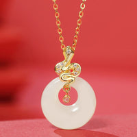 KarmaRipple's 925 Sterling Silver Hetian Jade Year Of The Snake Peace Buckle Fortune Blessing Pendant Necklace