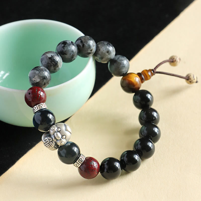 KarmaRipple's Black Glitter Stone Black Onyx 999 Sterling Silver Fu Character Bronze Coin Year Of Snake Protection Bracelet p6