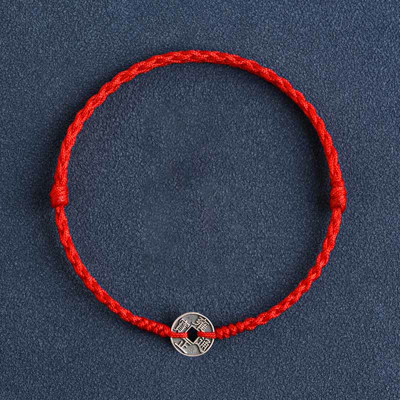 KarmaRipple's 925 Sterling Silver Five Emperor Coins Red String Protection Fortune Woven Bracelet Anklet p21