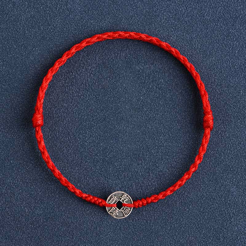 KarmaRipple's 925 Sterling Silver Five Emperor Coins Red String Protection Fortune Woven Bracelet Anklet p27