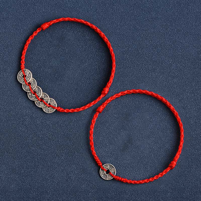 KarmaRipple's 925 Sterling Silver Five Emperor Coins Red String Protection Fortune Woven Bracelet Anklet p16