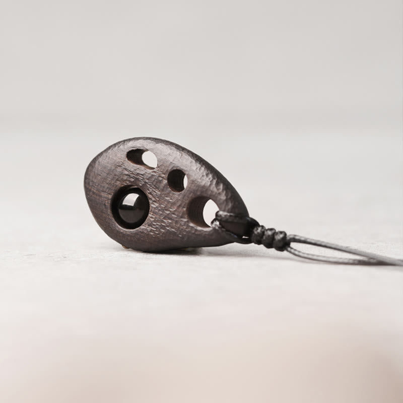 KarmaRipple's Ebony Wood Hollow Inlaid Obsidian Peace Calm Pendant Necklace p2