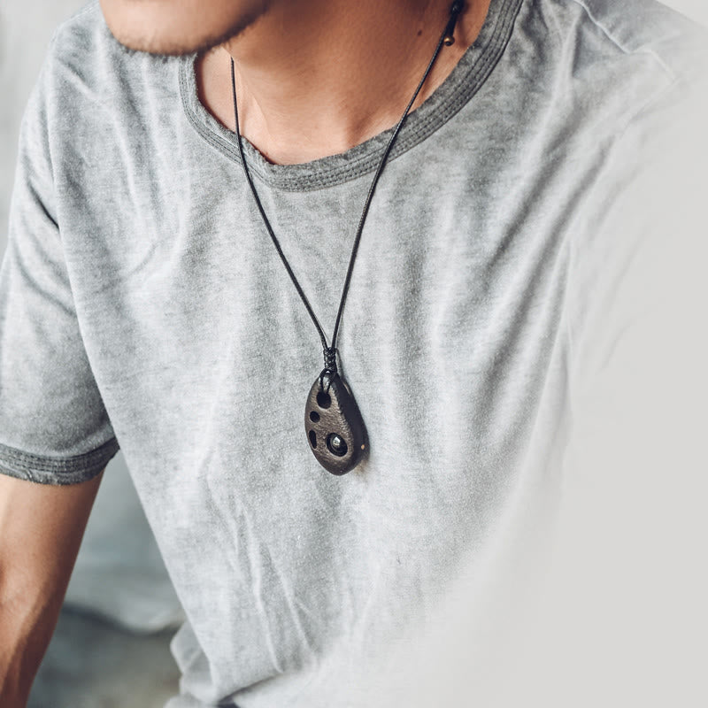 KarmaRipple's Ebony Wood Hollow Inlaid Obsidian Peace Calm Pendant Necklace p4