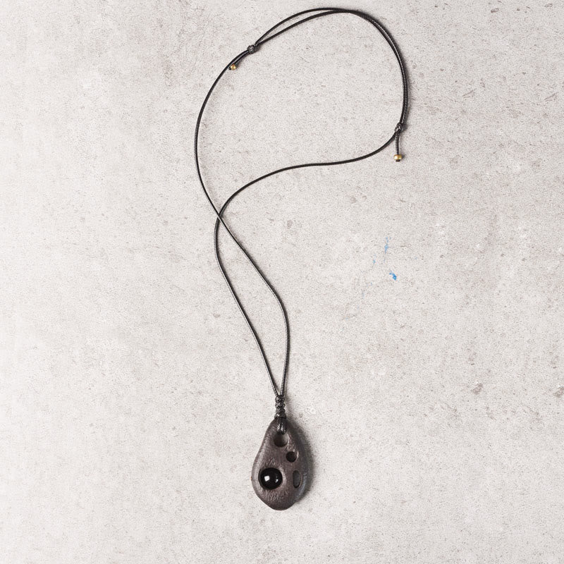 KarmaRipple's Ebony Wood Hollow Inlaid Obsidian Peace Calm Pendant Necklace p3
