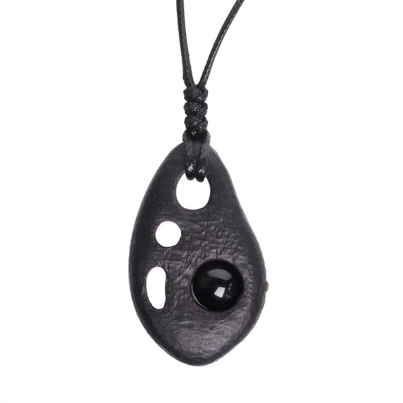 KarmaRipple's Ebony Wood Hollow Inlaid Obsidian Peace Calm Pendant Necklace p8