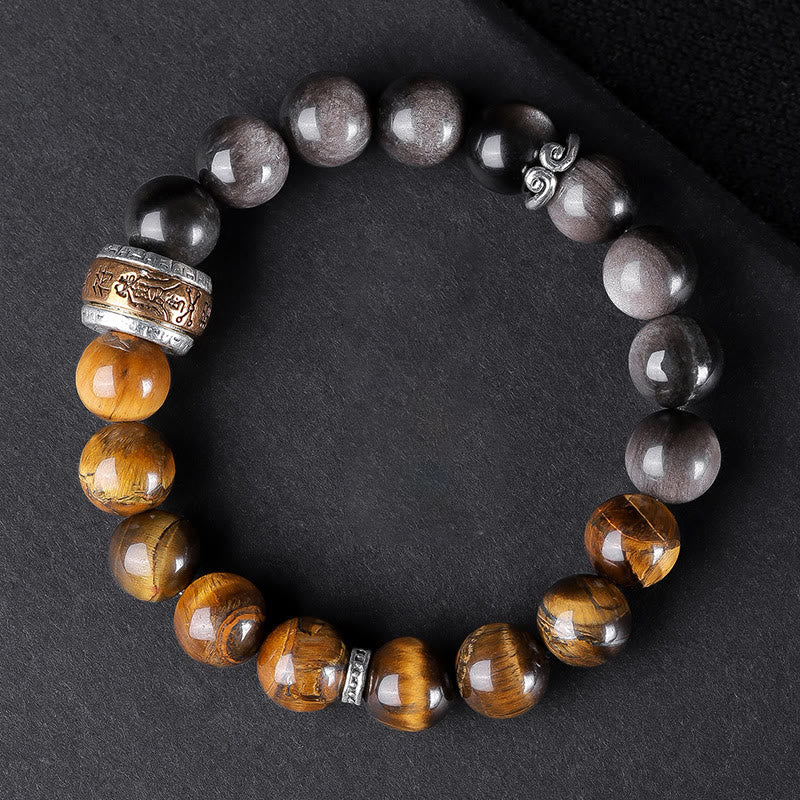 KarmaRipple's Authentic Silver Sheen Obsidian Tiger's Eye Six True Words 'Om Mani Padme Hum' Strength Bracelet p19