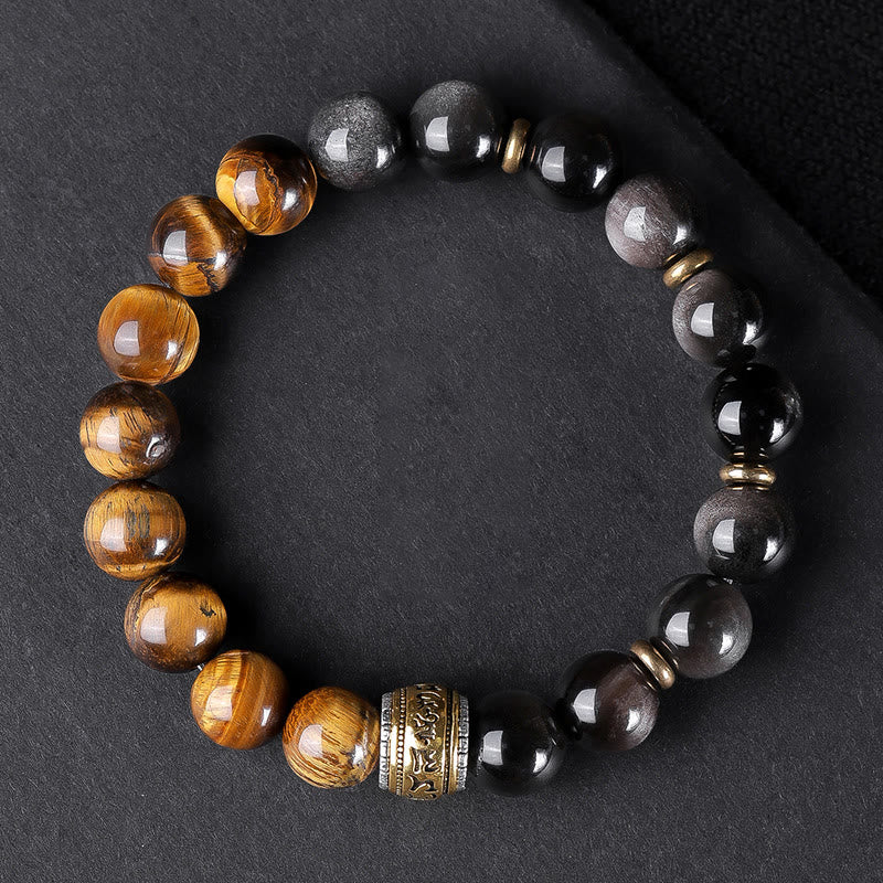 KarmaRipple's Authentic Silver Sheen Obsidian Tiger's Eye Six True Words 'Om Mani Padme Hum' Strength Bracelet p22