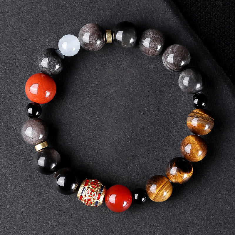KarmaRipple's Authentic Silver Sheen Obsidian Tiger's Eye Six True Words 'Om Mani Padme Hum' Strength Bracelet p4