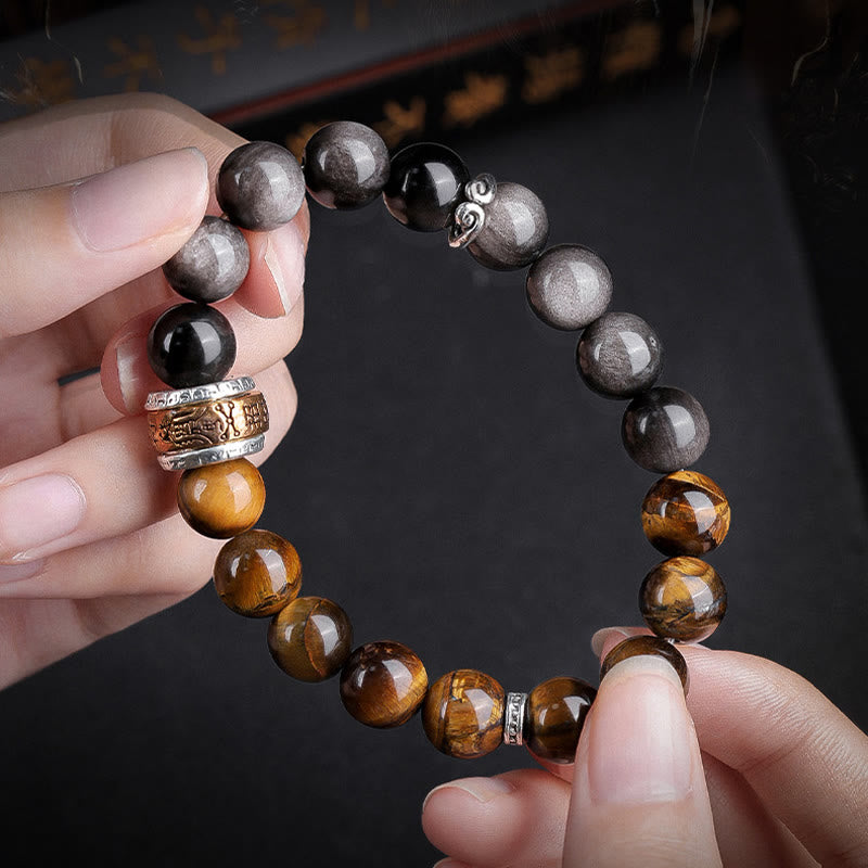 KarmaRipple's Authentic Silver Sheen Obsidian Tiger's Eye Six True Words 'Om Mani Padme Hum' Strength Bracelet p7