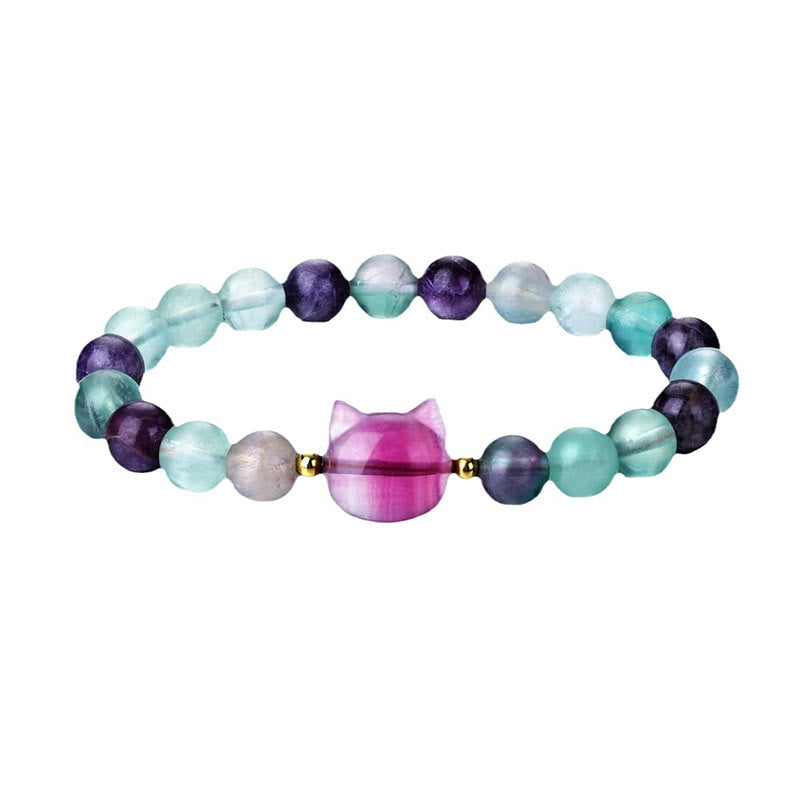 KarmaRipple's Amethyst Green Aventurine Rose Quartz Fluorite Cat Head Balance Fortune Bracelet p19