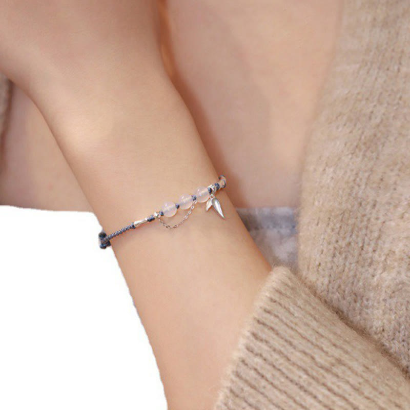 KarmaRipple's 925 Sterling Silver Bamboo Leaves Hetian Jade Chalcedony Beadwork Blessing Woven Bracelet p2