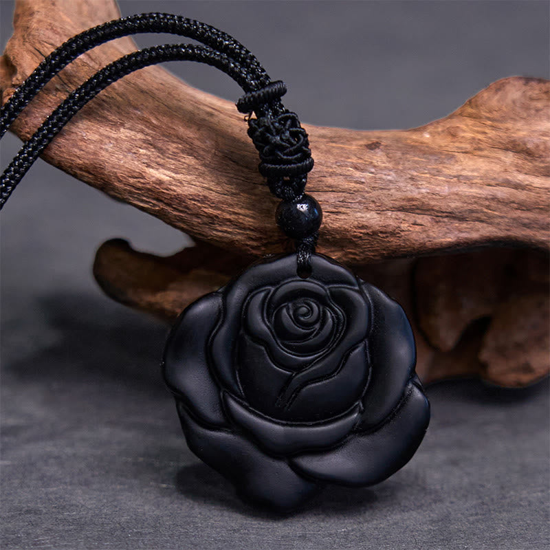 KarmaRipple's Black Obsidian String Black Rose Purification Pendant Necklace p3