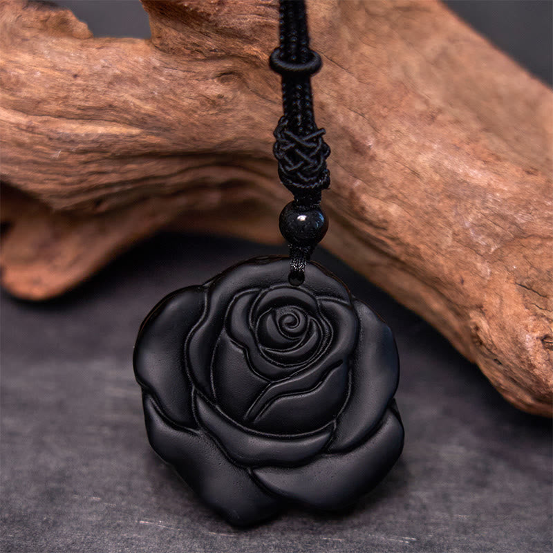 KarmaRipple's Black Obsidian String Black Rose Purification Pendant Necklace p4