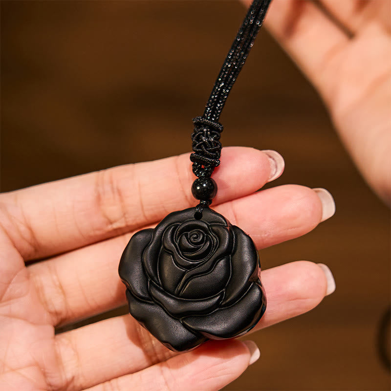KarmaRipple's Black Obsidian String Black Rose Purification Pendant Necklace p7