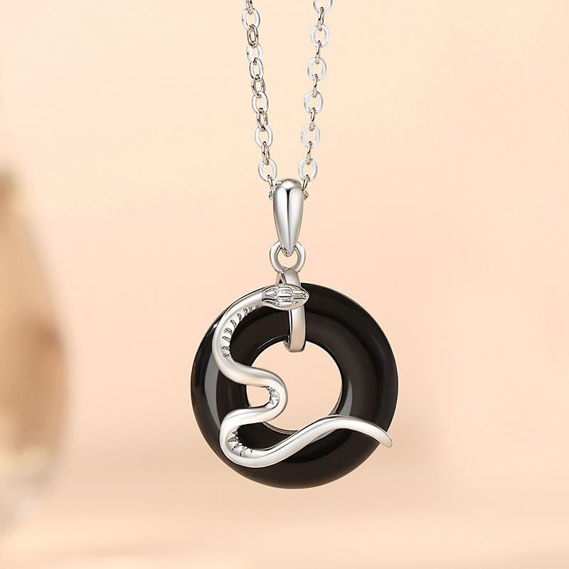 KarmaRipple's 925 Sterling Silver Black Onyx Chalcedony Peace Buckle Year Of The Snake Fortune Pendant Necklace p1