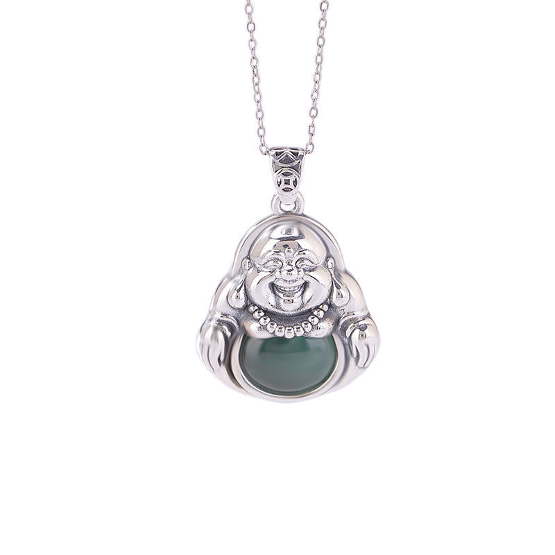 KarmaRipple's 999 Sterling Silver Laughing Buddha Cyan Jade Lotus Success Pendant Chain Necklace p7
