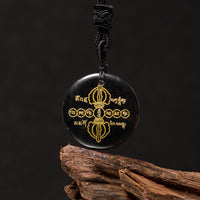 KarmaRipple's Vajra Dorje Sanskrit Pattern Authentic Various Gemstone Black Obsidian Fulfilment Pendant Necklace