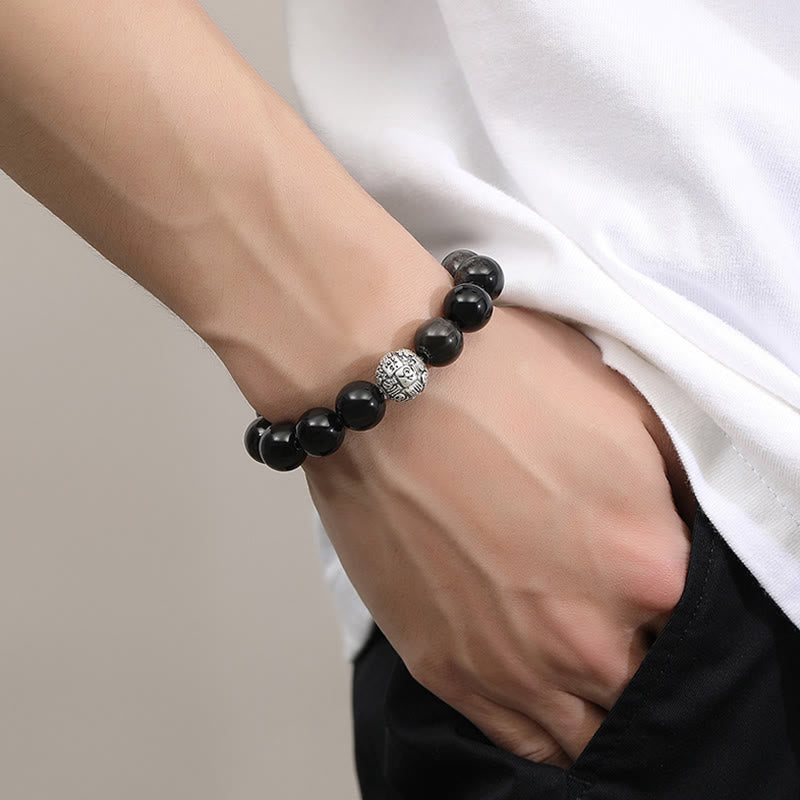 KarmaRipple's Black Obsidian 999 Sterling Silver Purification Fu Character Transformation Bracelet p5