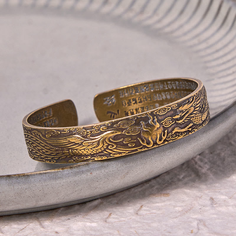 KarmaRipple's Dragon And Phoenix Playing With A Pearl Heart Sutra Carved Bronze Brass Fortune Bracelet Bangle p4