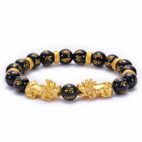 KarmaRipple's Black Obsidian Black Onyx Golden Alloy Two PiXiu Om Mani Padme Hum Strength Bracelet