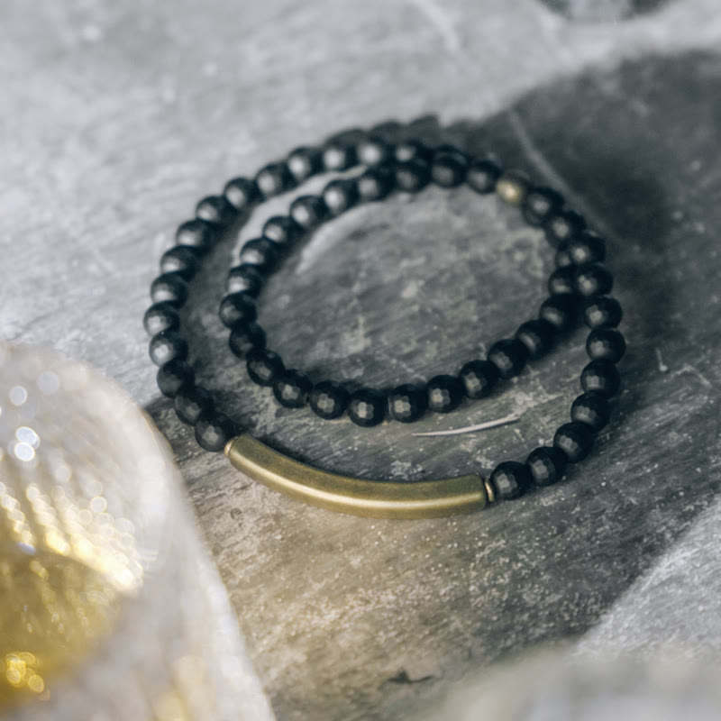 KarmaRipple's Frosted Cut Surface Black Onyx Bronze Brass Double Wrap Protection Bracelet p9