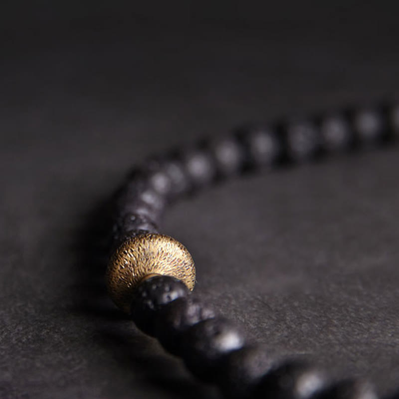 KarmaRipple's Vintage Lava Rock Three-eyed Dzi Bead Bronze Brass Beadwork Double Wrap Balancing Bracelet p12