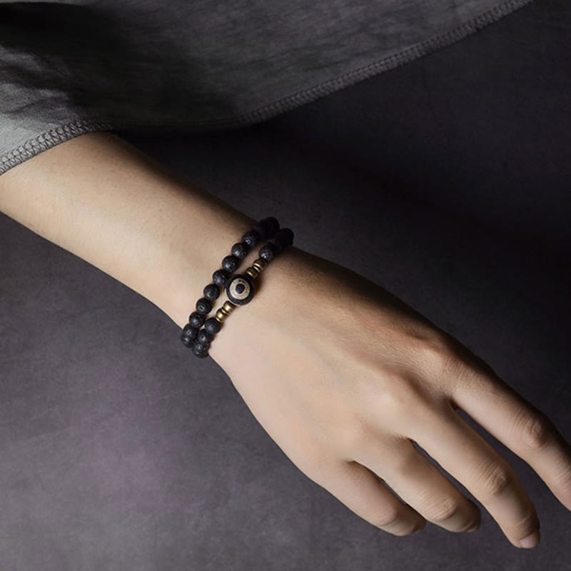 KarmaRipple's Vintage Lava Rock Three-eyed Dzi Bead Bronze Brass Beadwork Double Wrap Balancing Bracelet p5