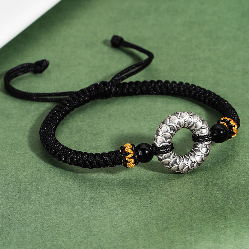 KarmaRipple's Handmade Black Onyx 999 Sterling Silver Peace Buckle Dragon Black String Fortune Woven Bracelet p2