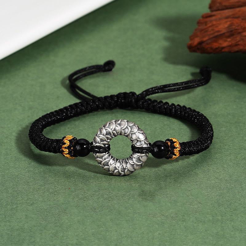 KarmaRipple's Handmade Black Onyx 999 Sterling Silver Peace Buckle Dragon Black String Fortune Woven Bracelet p1